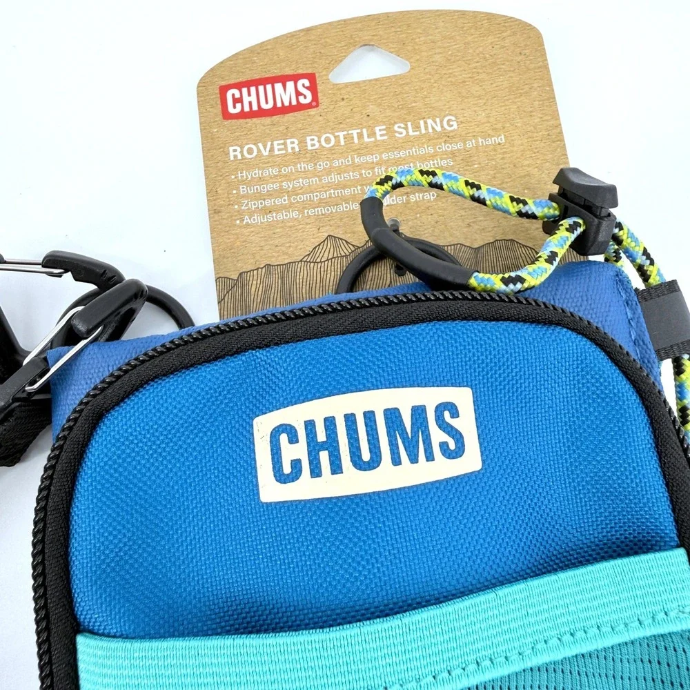 NEW Chums Rover Bottle Sling Unisex OS Bottle Sling Blue Teal Bungee Mesh Zipped